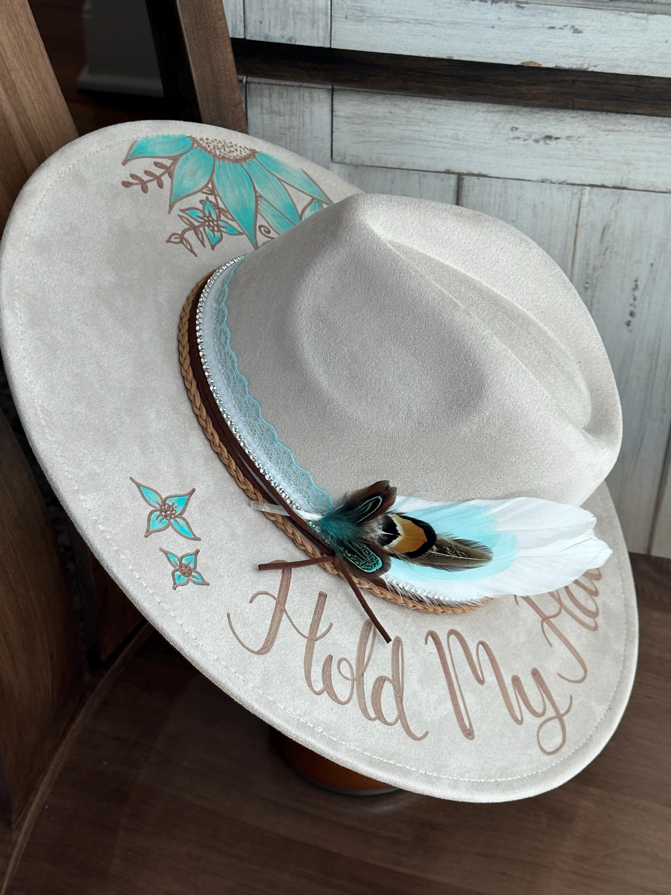 Girl on Fire Beige Hat with Turquoise Accents Custom Cowgirl Hat, Hand Burned With Turquoise Painted  main image 3