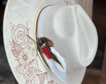 Custom hand burned wide brimmed Cowgirl Hat, Custom Cowboy Fedora