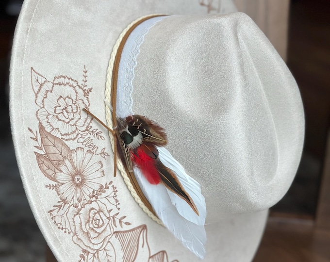 Custom hand burned wide brimmed Cowgirl Hat, Custom Cowboy Fedora