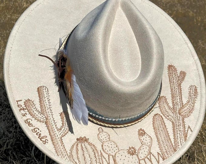 Western Cactus custom cowgirl hat with cactus burned on the brim, banding and feather accents.  Ladies boho cowgirl fedora