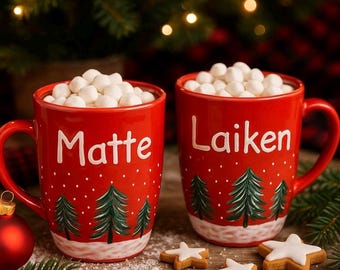 Personalized Christmas Hot Cocoa Mug – Custom Name Red Tree Mug, Hand Painted Holiday Coffee Cup, Stocking Stuffer Gift