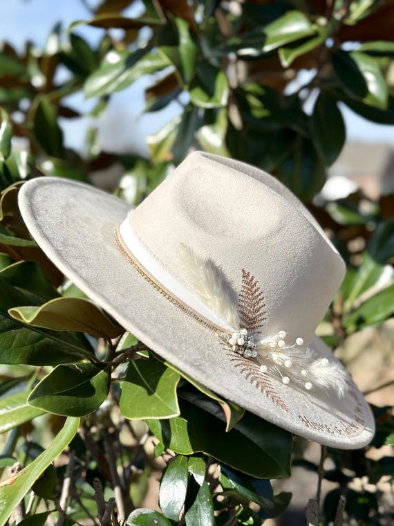 Hand Burned Fedora Tan with Feather and Floral Accent Leopard Print Cowboy Fedora Hat – Hand Burned Tan Western  main image 4