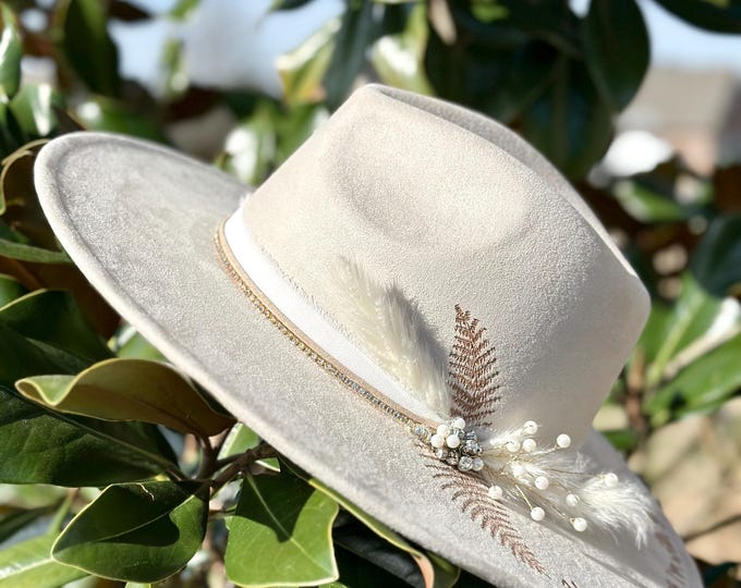 Prom Custom Cowgirl Hat, hand burned floral designs with lace, feather, and rhinestone accents, Custom Cowboy Fedora for Ladies
