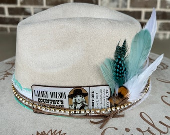 Custom hand burned wide brimmed cowgirl hat