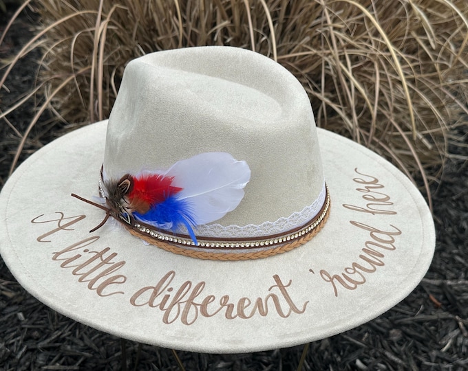 Custom hand burned wide brimmed cowgirl hat - A Little Different ‘Round Here - Riley Green concert hat