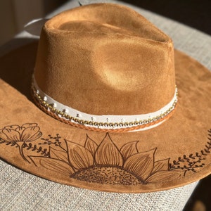 Wedding Custom hand burned wide brimmed cowgirl hat image 3