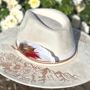 Personalized Wide-Brim Cowgirl Wedding Hat - Hand-Burned Custom Western Headwear with Feather and Rhinestones – Bride