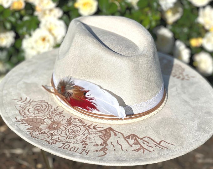Personalized Wide-Brim Cowgirl Wedding Hat - Hand-Burned Custom Western Headwear with Feather and Rhinestones – Bride