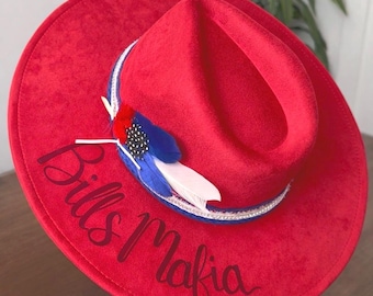 Bills Mafia Hat | Hand Burned Wide Brim Vegan Suede Hat | Buffalo Bills Fan Gift | NFL Gameday Hat | Custom Fedora | Bills Fan Gift