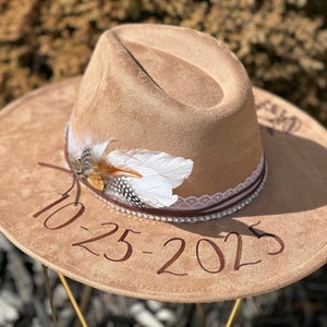 Wedding Custom hand burned wide brimmed cowgirl hat