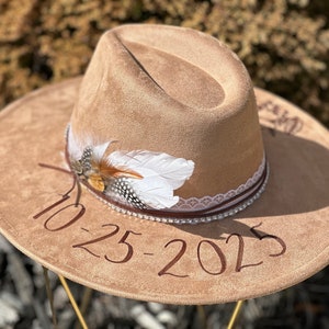 Wedding Custom hand burned wide brimmed cowgirl hat image 1