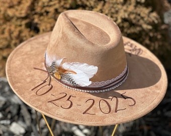 Wedding Custom hand burned wide brimmed cowgirl hat