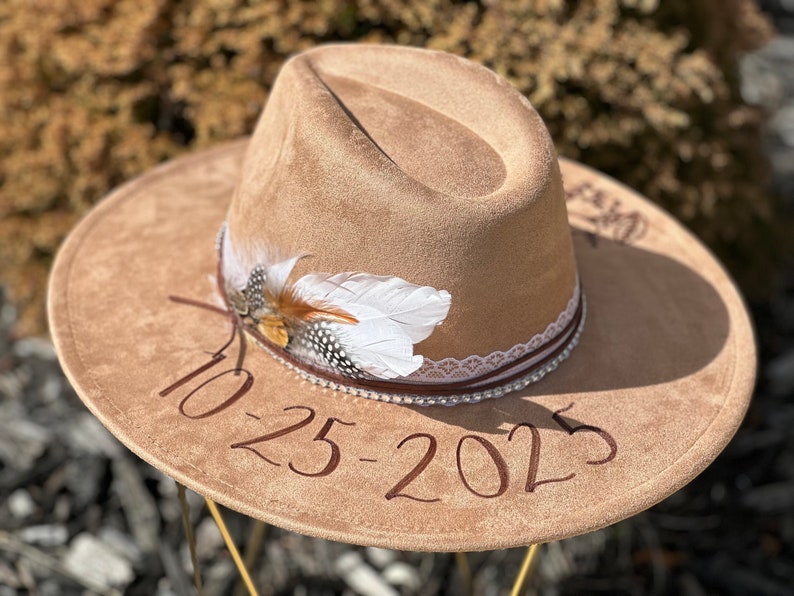 Wedding Custom hand burned wide brimmed cowgirl hat image 1