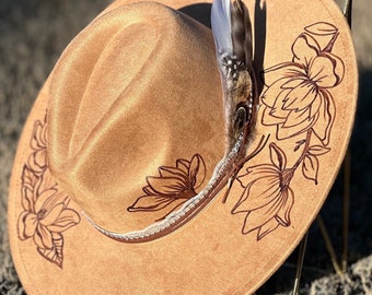 Southern Magnolias Custom Cowboy Hat for Woman with lace, feather, and rhinestone accents