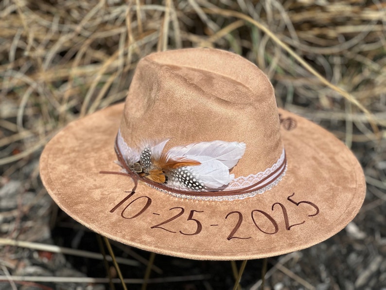 Wedding Custom hand burned wide brimmed cowgirl hat image 6