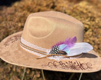 Girls Custom Cowgirl Hat with flowers burned on brim and feather/sparkly accents, Hand Burned Toddler Cowboy Hat: Personalized Western Hat
