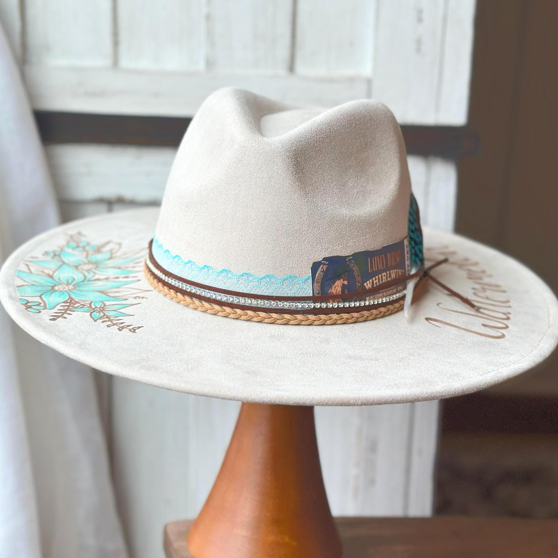Custom Cowgirl Hat, Hand Burned With Turquoise Painted 