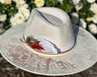 Wedding Custom hand burned wide brimmed cowgirl hat