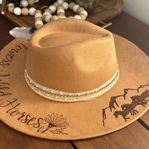 Wildflowers & Wild Horses Lainey Wilson Custom hand burned wide brimmed cowgirl hat