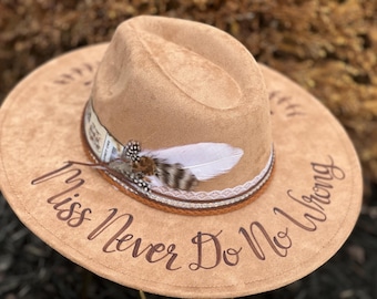 Morgan Wallen Concert Hat - Custom Cowboy Hat - Miss Never Do No Wrong burned on brim with concert ticket stub, sunflowers, lace, feathers