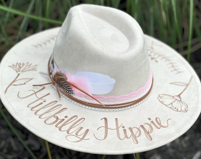 Hillbilly Hippie Custom Cowgirl hat with Hillbilly Hippie wording and sunflowers burned on brim, Ladies Cowboy Hat, Custom Fedora for Girls