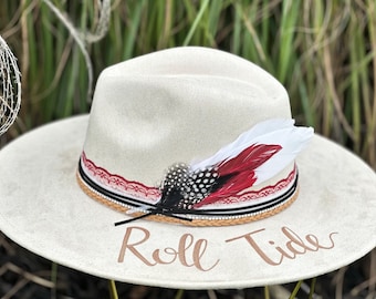Alabama Roll Tide Cowgirl Hat - Custom hand-burned college game day wide brimmed western hat
