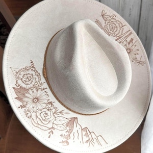 Wedding Custom hand burned wide brimmed cowgirl hat