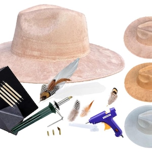 May include: A craft kit for decorating felt hats with feathers. The kit includes a variety of tools, including a glue gun, feathers, and a tool for applying heat to the feathers. There are three hats in the image: one light pink, one light brown, and one light blue.