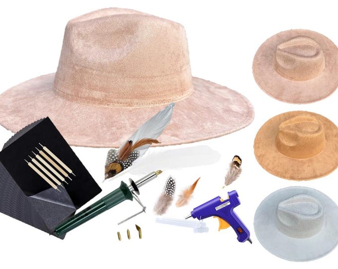 DIY Lainey Wilson-Inspired Cowboy Hat Party Pack – Create 4 Custom Wide-Brim Hats with Custom Burns, Feathers, Ribbon, and Suede Rope