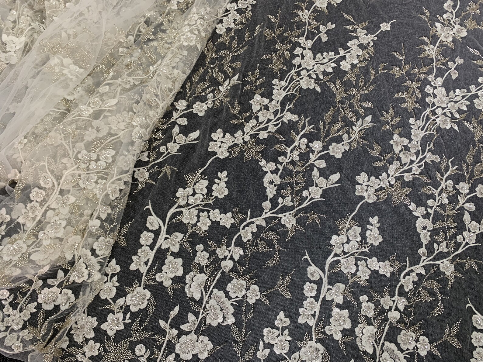 Exquisite Silver Thread Embroidered Fabric Silver Beaded Light Etsy