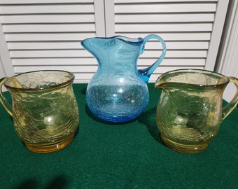 Vintage Crackle Glass Vase Blue Gold Accents, Hand Blown Art Glass, Mid-Century Bohemian Decor Bud Vase Home Gift