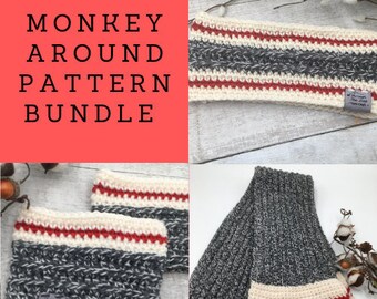 May include: A crochet pattern bundle for a grey and white striped headband, grey and white striped leg warmers, and a grey and white striped scarf with red stripes. The pattern bundle is called "Monkey Around Pattern Bundle".