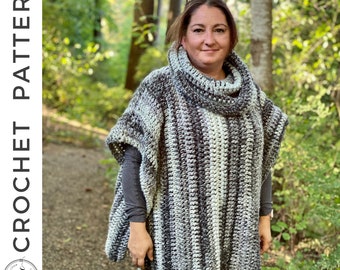 May include: A gray, white, and brown striped crochet poncho with a cowl neck. The poncho is worn by a person in a forest setting.