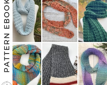 May include: A collection of six crochet scarf patterns. The scarves are in various colors, including blue, green, orange, and purple. The patterns are available as an ebook.
