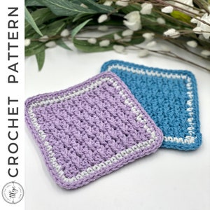 May include: Two crocheted squares, one purple and one blue, with a white border. The squares are made with a textured stitch and are ideal for use as coasters or pot holders.