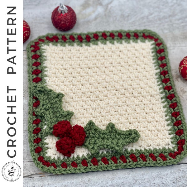 Holly Square Crochet PATTERN, Granny Square Crochet Pattern, Crochet Blanket Square Pattern, Crochet Holiday Decor, Crochet Granny Square