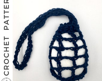 May include: A navy blue crocheted soap saver with a long handle. The soap saver is designed to hold a bar of soap and allow it to drain.