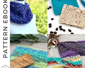May include: A collection of crochet patterns for various projects, including a cowl, coffee cozy, dishcloth, and headband. The patterns feature different colors and textures, such as purple, teal, and green.