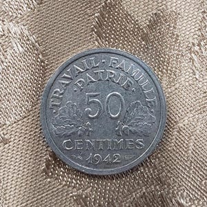 1942 50 Centimes Coin, French Currency, Etat Francais, France
