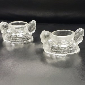 Set of 2 Vintage Clear Glass Chicken Shaped Egg Cups, Pair of hen on nest Glass Egg holder, Depression glass