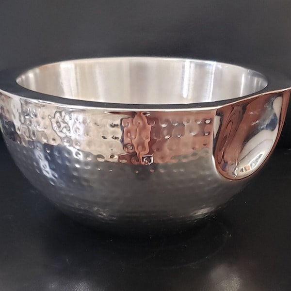 Silver hammered metal double wall bowl, Hammered 10.5"  Stainless Steel Doublewall Serving Bowl, Indented Decorative bowl