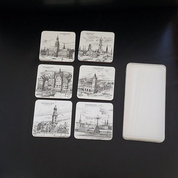 6 Hamburg Germany Coasters By Schuberth Tamat Serie West Germany , City  Landmarks Coaster Set of six in original case,melamine and cork