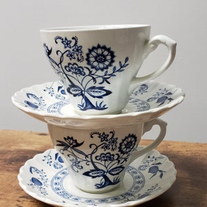 Vintage J & G Meakin Classic White Nordic Tea Cup and Saucer set, Two Sets, J and G Meakin England , Blue Onion