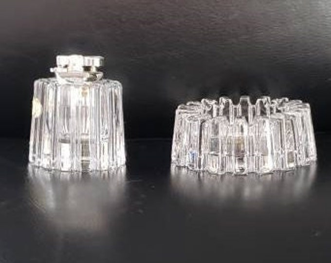 Lead Crystal Ashtray & Lighter Set, Made in Japan Brutalist Ashtray and