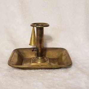 Antique Brass push up Chamber Stick finger loop Candle Holder and Snuffer ,Vintage adjustable Rectangle Chamber Style Candlestick Holder