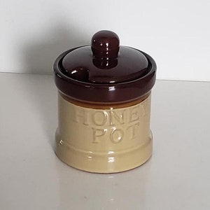 Vintage Steinzeug Honigtopf, Honigdose mit Deckel, glasierte Keramik, Keramiktopf mit brauner Glasur, brauner und beige Honigspeicher, Küchendekoration