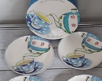 Tea Pot Design Bone China Dessert Plates , Set of 4,  Boxed Set of plates, London Home Bone China small dishes