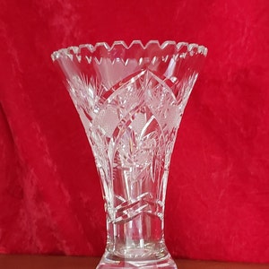 Vintage  Pinwheel Crystal Vase, sawtooth notched edge, stars, swirls , deep cut, 9.5&quot; tall