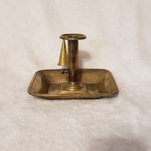 Antique Brass Push up Chamber Stick Finger Loop Candle Holder and Snuffer , vintage Adjustable Rectangle Chamber Style Candlestick Holder 