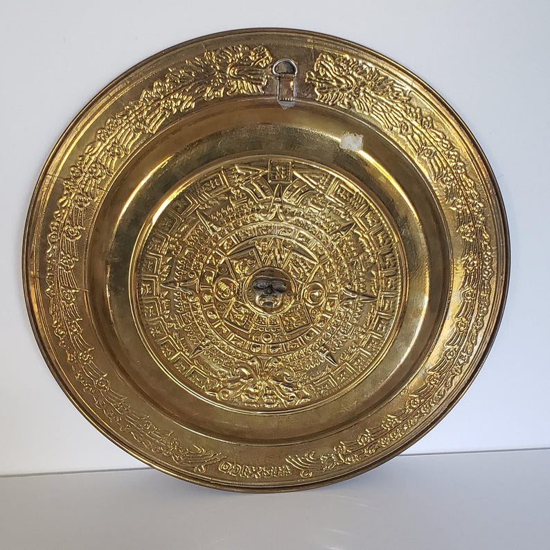 Vintage Brass Enamel Aztec Calendar Plate, Mexican Wall Decor (11 Inch ...